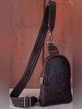 Trinity Ranch Montana West Sling Bag. It’s Floral tooled sling bag-Coffee color.